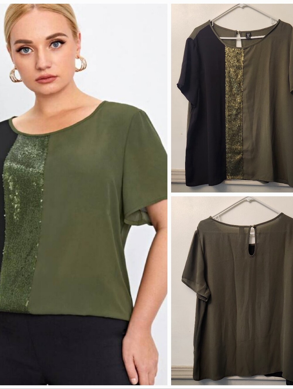 SHEIN Olive Green and Black Sequin Accent Short Sleeve Top